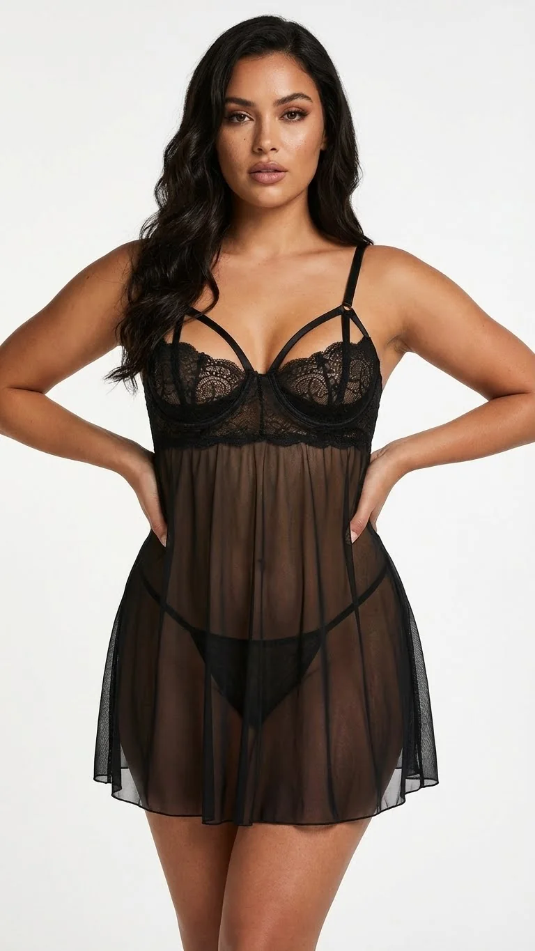 LunaIntim Balenli ve Destekli Dantel Babydoll Göğüs Dekolteli Siyah Tül Takım - Siyah Tül Takım Detay